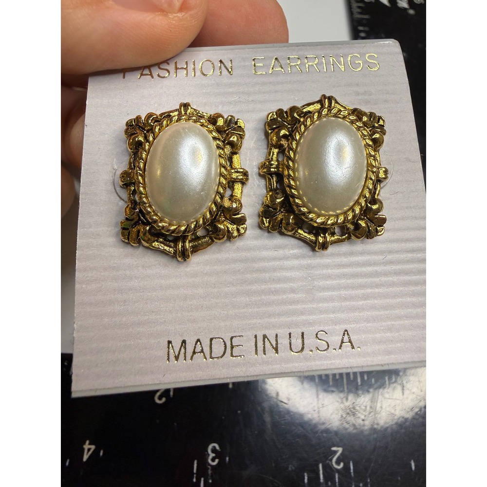 Vintage Gold Tone Faux Pearl Ornate Frame Stud Earrings Made in USA Pierced